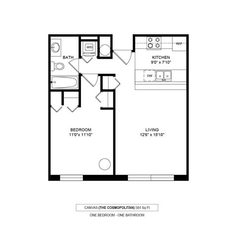 Floor plan for 1 bed, 1 bath, 584 sqft